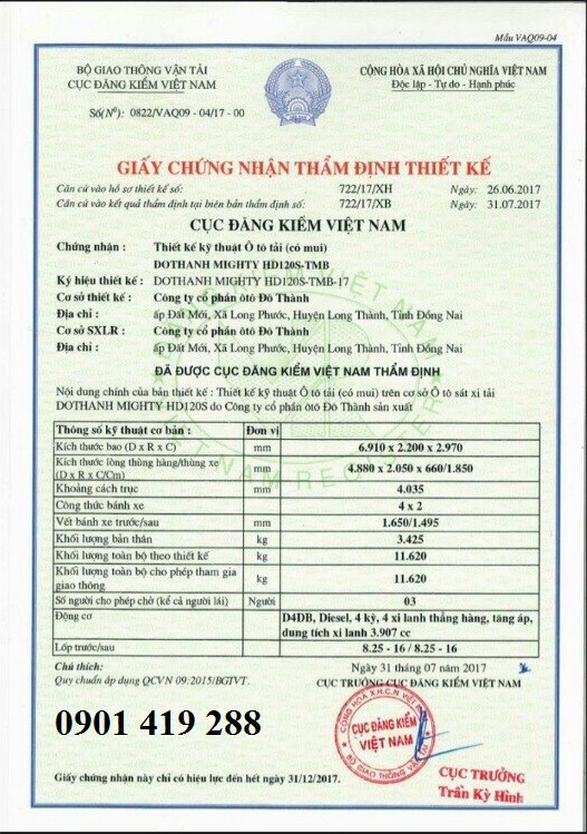 Giấy chứng nhận thẩm định thiết kế HD120S 8 Tấn